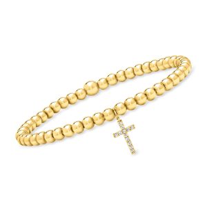 4mm 18kt Gold Vermeil Bead Stretch Bracelet with .10 ct. t.w. Lab-Grown Diamond Cross Charm