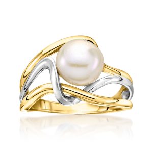 8-8.5mm Cultured Pearl Wavy Ring in 18kt Gold Over Sterling and Sterling Silver