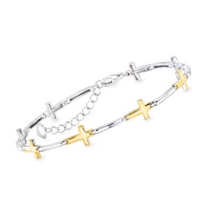 Sterling Silver and 18kt Gold Over Sterling Cross Bracelet. 7"