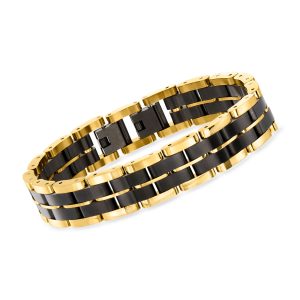 Men's Black and Yellow Stainless Steel Link Bracelet. 8"