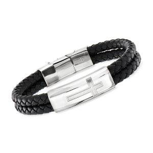 Men's Stainless Steel Cross Bracelet with Black Leather. 8"