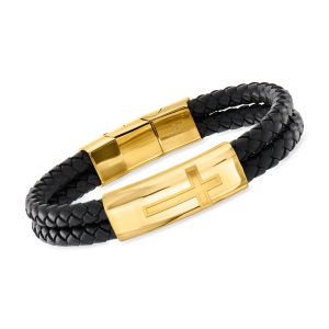 Men's Yellow Stainless Steel Cross Bracelet with Black Leather. 8"