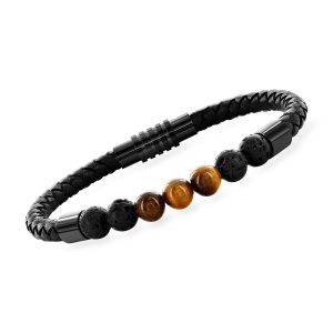 Men's 8-8.5mm Tiger Eye Bead and Lava Stone Braided Leather Bracelet with Black Stainless Steel Magnetic Clasp. 8.5"