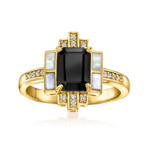 Onyx and Mother-of-Pearl Ring with .10 ct. t.w. White Topaz in 18kt Gold Over Sterling