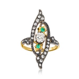 C. 1920 Vintage .95 ct. t.w. Diamond Ring with .10 ct. t.w. Emeralds in Sterling Silver and 18kt Yellow Gold. Size 7