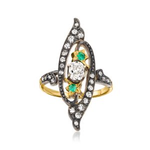 C. 1920 Vintage .95 ct. t.w. Diamond Ring with .10 ct. t.w. Emeralds in Sterling Silver and 18kt Yellow Gold. Size 7