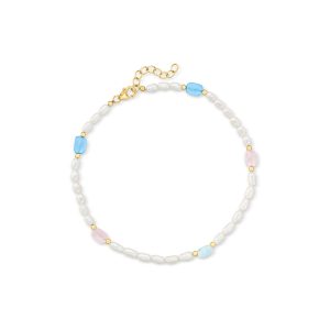 3-3.5mm Cultured Semi-Baroque Pearl and 2.80 ct. t.w. Multi-Gemstone Anklet in 18kt Gold Over Sterling. 9"