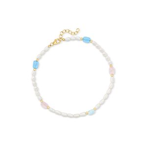 3-3.5mm Cultured Semi-Baroque Pearl and 2.80 ct. t.w. Multi-Gemstone Anklet in 18kt Gold Over Sterling. 9"