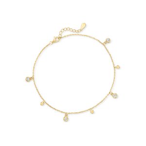 Italian .50 ct. t.w. Bezel-Set CZ and 18kt Gold Over Sterling Bead Station Anklet. 9"