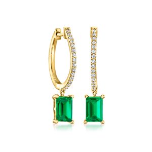 .90 ct. t.w. Lab-Grown Emerald and .15 ct. t.w. Lab-Grown Diamond Hoop Drop Earrings in 18kt Gold Vermeil