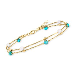 5-5.5mm Cultured Pearl and Turquoise Bead Two-Strand Anklet in 18kt Gold Over Sterling. 9"
