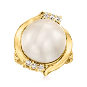 C. 1980 Vintage 14mm Cultured Pearl and .12 ct. t.w. Diamond Ring in 14kt Yellow Gold. Size 6