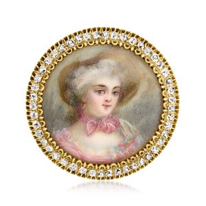 C. 1900 Vintage Painted Portrait Pin with Enamel and 1.10 ct. t.w. Diamonds in 15kt Yellow Gold