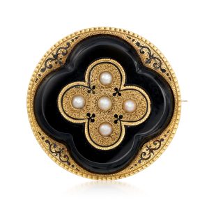 C. 1900 Vintage Onyx and 3.5mm Cultured Pearl Pin with Black Enamel in 14kt and 18kt Yellow Gold