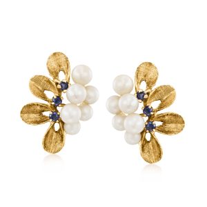 C. 1980 Vintage 4-5mm Cultured Pearl and .30 ct. t.w. Sapphire Fan Earrings in 14kt Yellow Gold