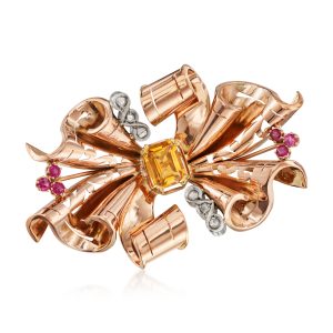 C. 1940 Vintage 1.50 Carat Citrine Bow Pin with .50 ct. t.w. Rubies and .15 ct. t.w. Diamonds in 18kt Rose Gold