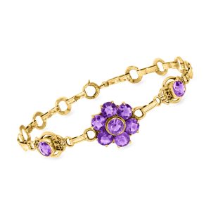 C. 1930 Vintage 3.60 ct. t.w. Amethyst Flower Bracelet in 14kt Yellow Gold. 7"