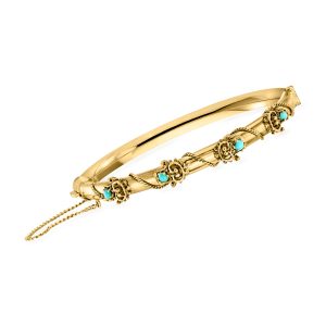 C. 1930 Vintage Turquoise Bangle Bracelet in 14kt Yellow Gold. 7"