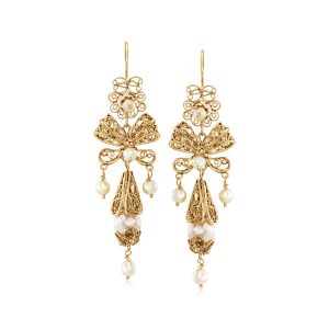 C. 1980 Vintage 4-9mm Cultured Pearl Scroll Drop Earrings in 14kt Yellow Gold