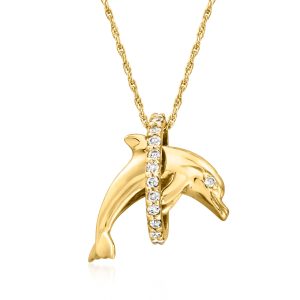 C. 1990 Vintage .30 ct. t.w. Diamond Dolphin Pendant Necklace in 14kt Yellow Gold. 18"