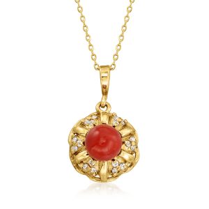 C. 1980 Vintage Red Coral Pendant Necklace with .30 ct. t.w. Diamonds in 18kt Yellow Gold. 18"