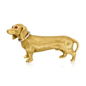 C. 1970 Vintage 18kt Yellow Gold Dachshund Dog Pin with Rubies