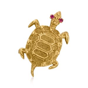 C. 1980 Vintage 14kt Yellow Gold Turtle Pin with Rubies