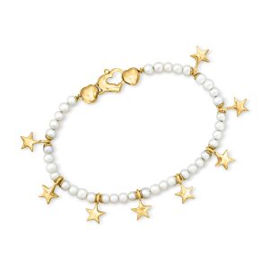 C. 1980 Vintage 4-4.5mm Cultured Pearl and 14kt Yellow Gold Star Charm Bracelet. 7.5"