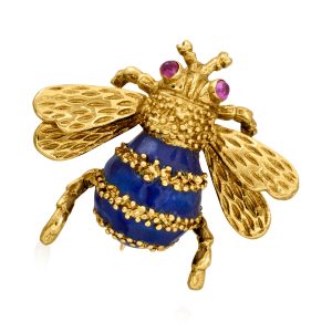C. 1990 Vintage 18kt Yellow Gold Bumblebee Pin with Blue Enamel and Rubies