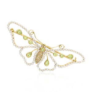C. 1920 Vintage 1.20 ct. t.w. Peridot Butterfly Pin with Seed Pearls in 14kt Yellow Gold
