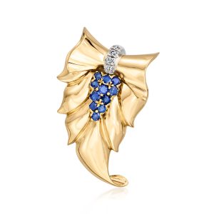 C. 1960 Vintage 1.25 ct. t.w. Sapphire and .25 ct. t.w. Diamond Bow Pin in 14kt Yellow Gold