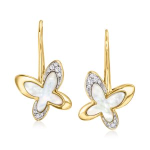 C. 1990 Vintage Mimi Milano Mother-of-Pearl Butterfly Drop Earrings with .15 ct. t.w. Diamonds in 18kt Yellow Gold
