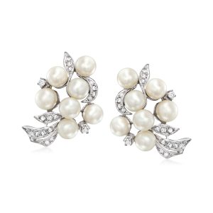 C. 1980 Vintage 6.5mm Cultured Pearl and .75 ct. t.w. Diamond Earrings in 14kt White Gold