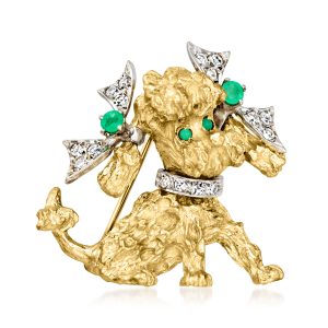 C. 1970 Vintage .30 ct. t.w. Diamond and .10 ct. t.w. Emerald Poodle Pin with Green Chalcedony in 14kt Yellow Gold