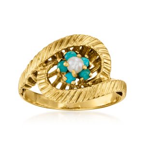 C. 1970 Vintage 3mm Cultured Pearl and Turquoise Swirl Ring in 18kt Yellow Gold. Size 6