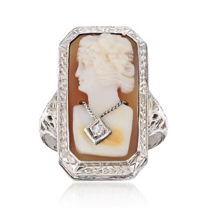 C. 1970 Vintage Brown Shell Cameo Locket Ring with Single Diamond in 14kt White Gold. Size 6