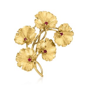 C. 1980 Vintage .30 ct. t.w. Ruby Floral Pin in 18kt Yellow Gold
