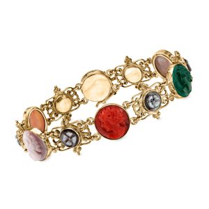 C. 1970 Multi-Gemstone Cameo Bracelet in 14kt Yellow Gold. 7"