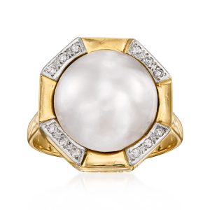 C. 1980 Vintage 12mm Cultured Mabe Pearl Ring with Diamonds in 14kt Yellow Gold. Size 6.5