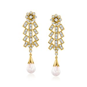 C. 1990 Vintage 10x6.5mm Cultured Pearl and 1.75 ct. t.w. Diamond Drop Earrings in 18kt Yellow Gold
