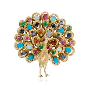 C. 1970 Vintage 9.25 ct. t.w. Multi-Gemstone Peacock Pin in 10kt and 14kt Yellow Gold