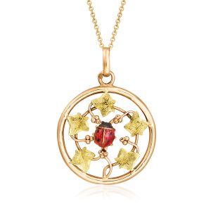 C. 1950 Vintage Red and Black Enamel Ladybug and Leaf Pendant Necklace in 18kt Two-Tone Gold. 18"