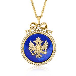 C. 1980 Vintage Lapis and 2.05 ct. t.w. Diamond Emblem Pendant Necklace with Single 3mm Cultured Pearl in 14kt Yellow Gold. 20"