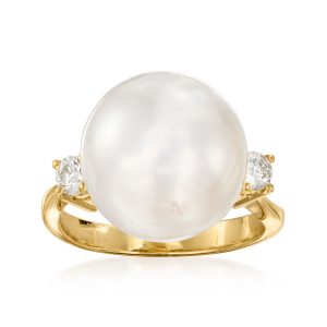 C. 1990 Vintage 13mm Cultured Pearl and .25 ct. t.w. Diamond Ring in 14kt Yellow Gold. Size 6.5