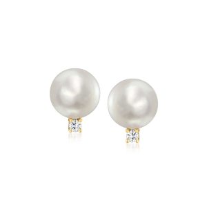 C. 1990 Vintage 13mm Cultured Pearl and .25 ct. t.w. Diamond Earrings in 14kt Yellow Gold
