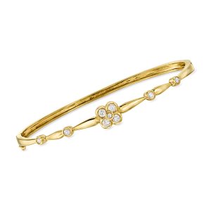 C. 1990 Vintage .50 ct. t.w. Diamond Flower Bangle Bracelet in 14kt Yellow Gold. 7"