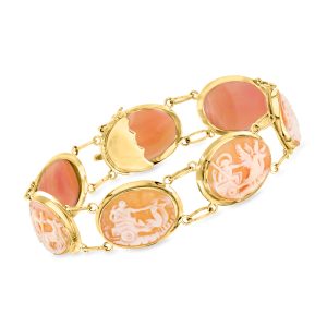 C. 1980 Vintage Brown Shell Cameo Bracelet in 14kt Yellow Gold. 7.5"