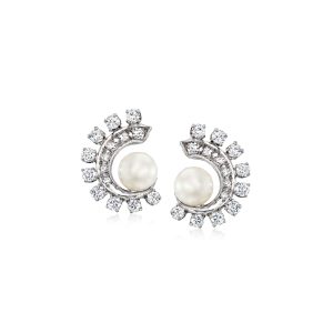 C. 1960 Vintage 7mm Cultured Pearl and 1.50 ct. t.w. Diamond Swirl Earrings in 14kt White Gold