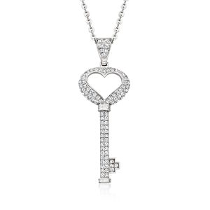 C. 1990 Vintage 1.10 ct. t.w. Diamond Key Pendant Necklace in 18kt White Gold. 16"