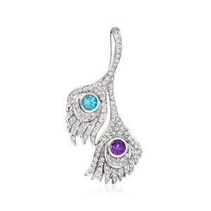 C. 1990 Vintage .60 Carat London Blue Topaz and .45 Carat Amethyst Feathers Pendant with 1.41 ct. t.w. Diamonds in 14kt White Gold